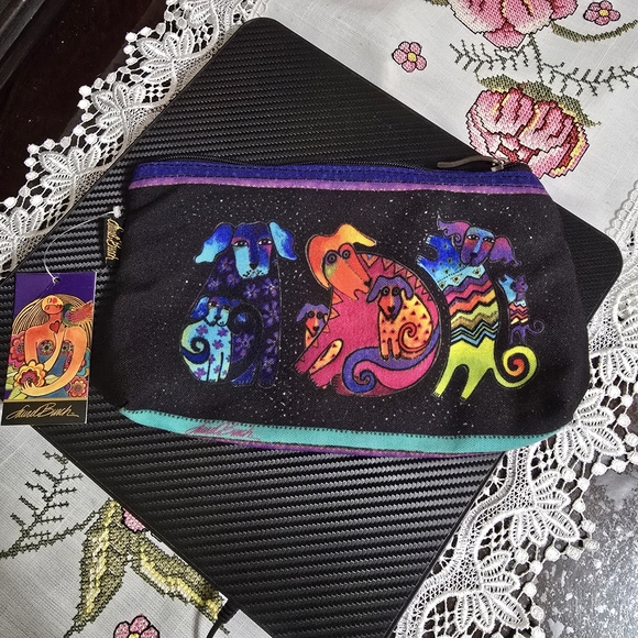 Laurel Burch Handbags - Laurel Burch Black Zip Pouch with Neon Multicolor Dogs